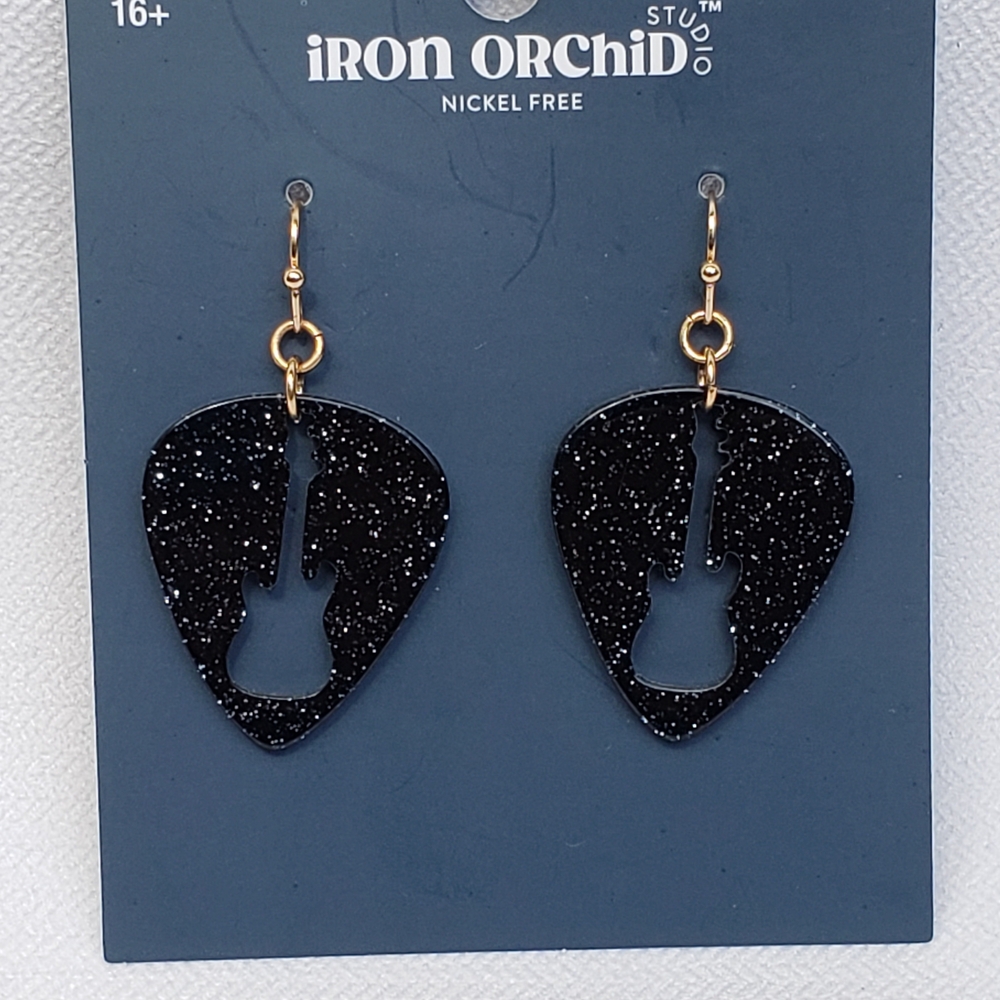 Iron Orchid Studio - Black Glitter Cut Out Guitar Earrings - NWT